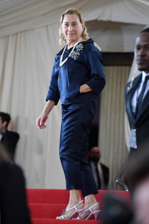 Muccia Prada in royal blue and pearls